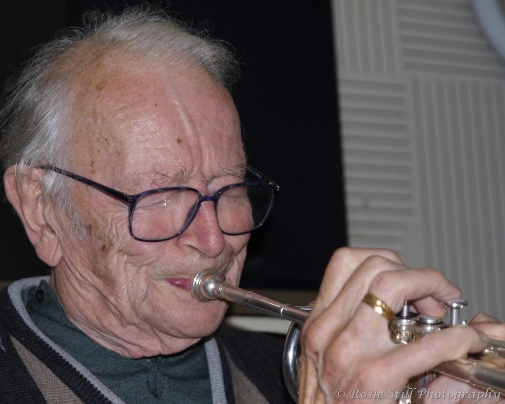 2006 Colour photo of Jazz musician Humphrey Lyttelton performing during a recording session in Porcupine Studios